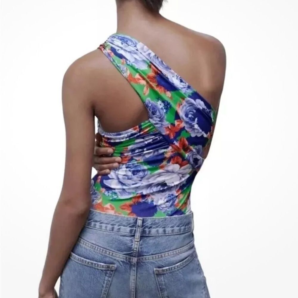 ZARA Bodysuit Size Small Asymmetrical Floral Blue Stretchy One Shoulder NEW - Picture 4 of 10